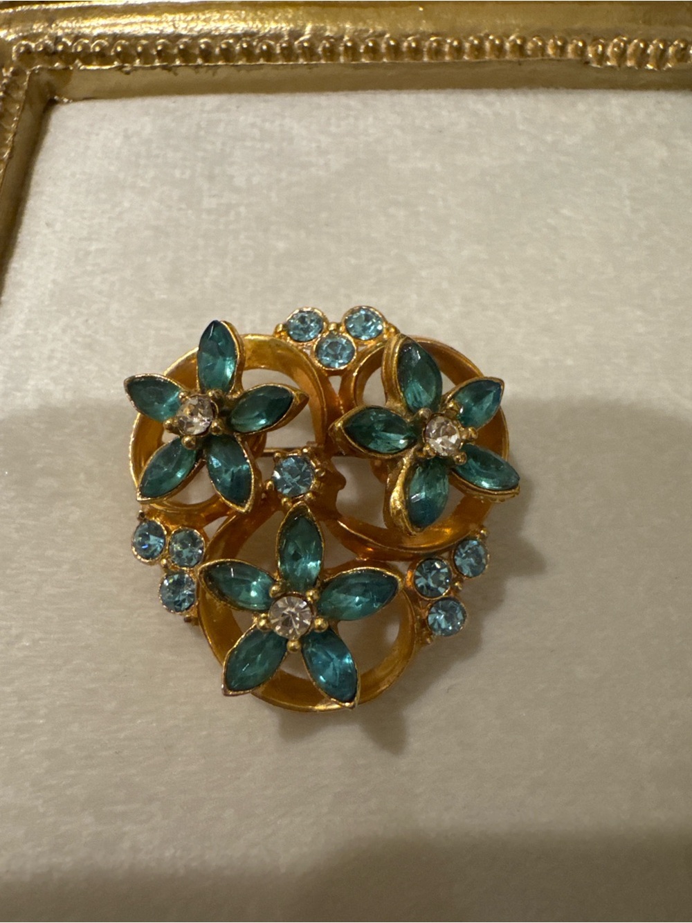 Vintage Blue Rhinestone Floral Brooch Gold Tone 1950s Retro Jewelry